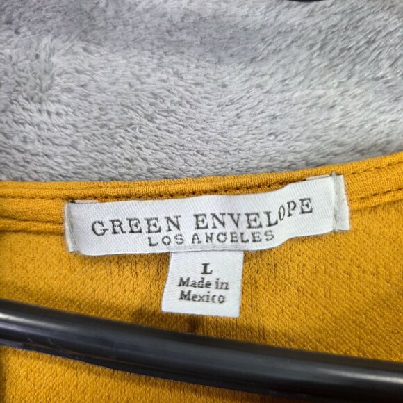 Womens Green Envelope Mustard Yellow Bell Sleeve Top Polyester Stretch Size L - Picture 2 of 7